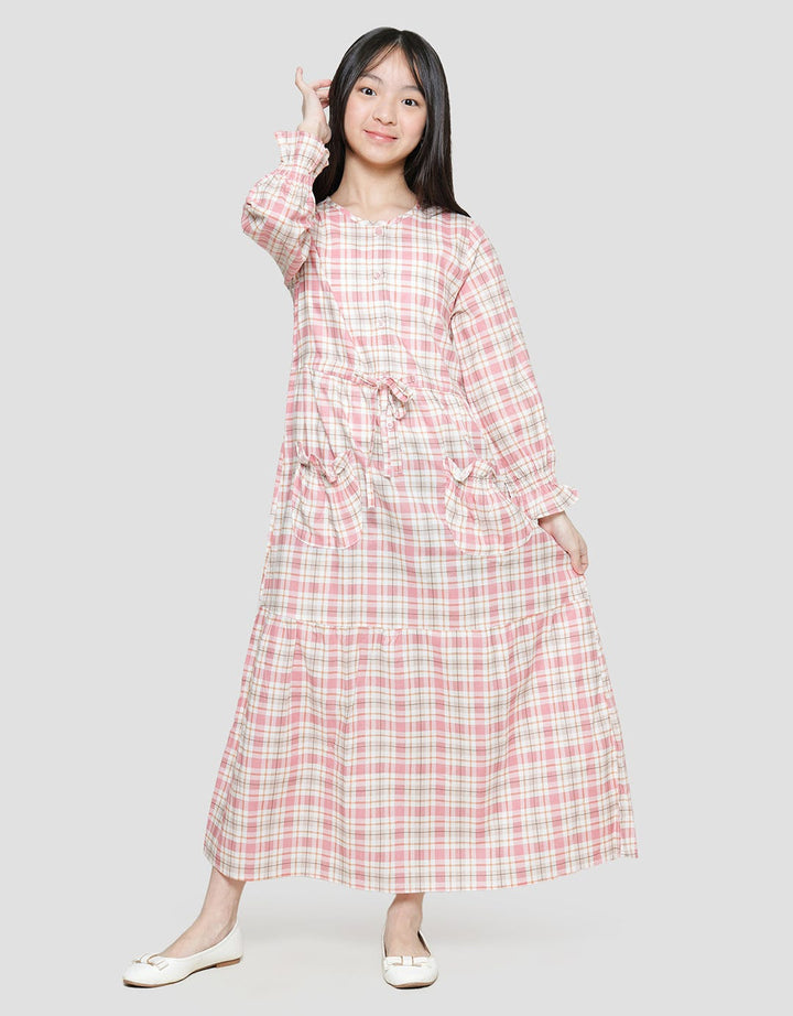Sweet Miss Maxi Dress Lengan Panjang Modest Anak Perempuan Print Kotak