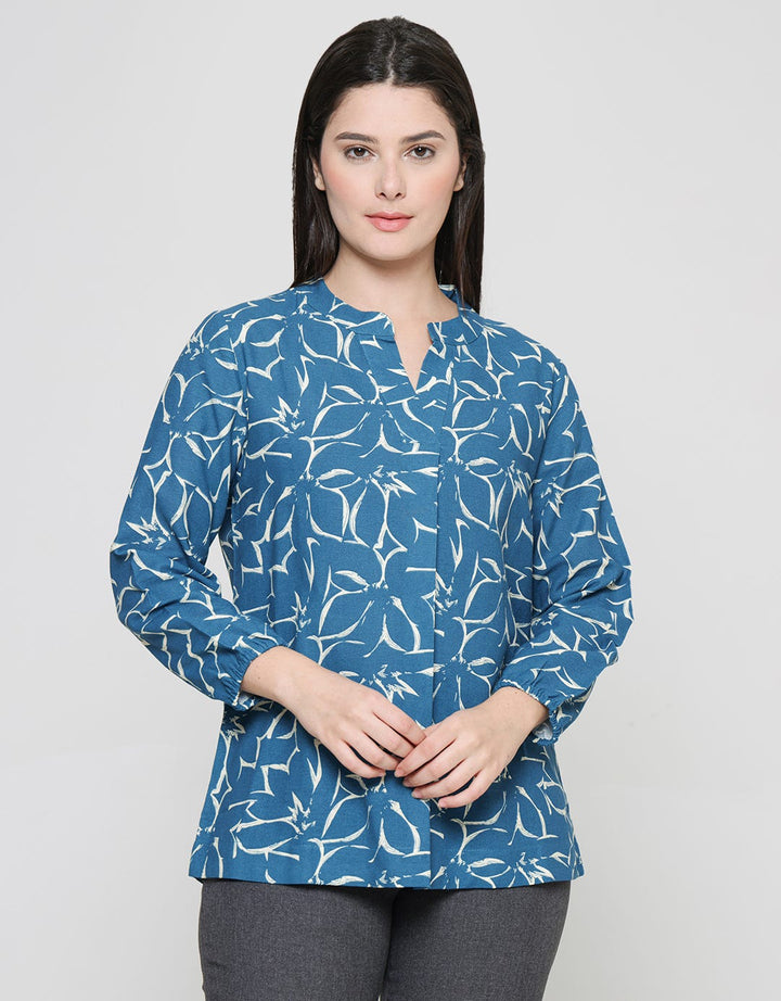 St. Yves Linen Printed V Neck Blouse for Women