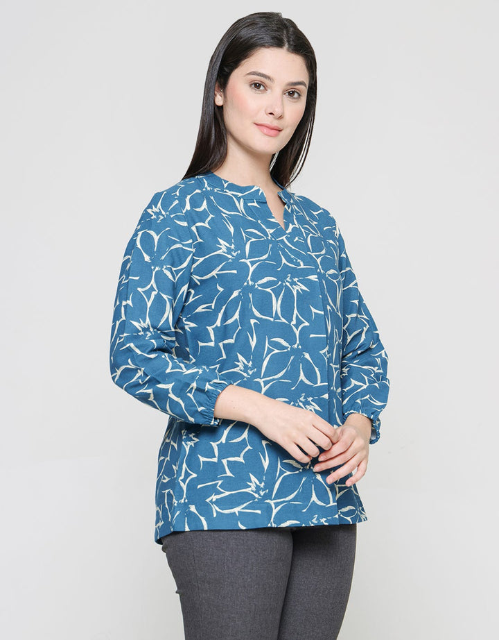St. Yves Linen Printed V Neck Blouse for Women