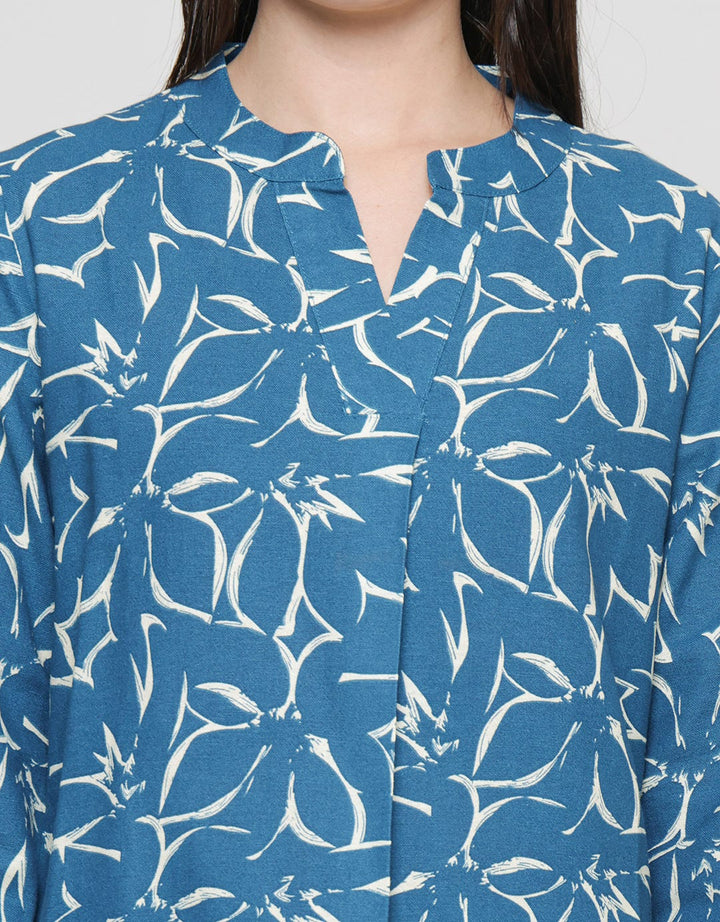 St. Yves Linen Printed V Neck Blouse for Women