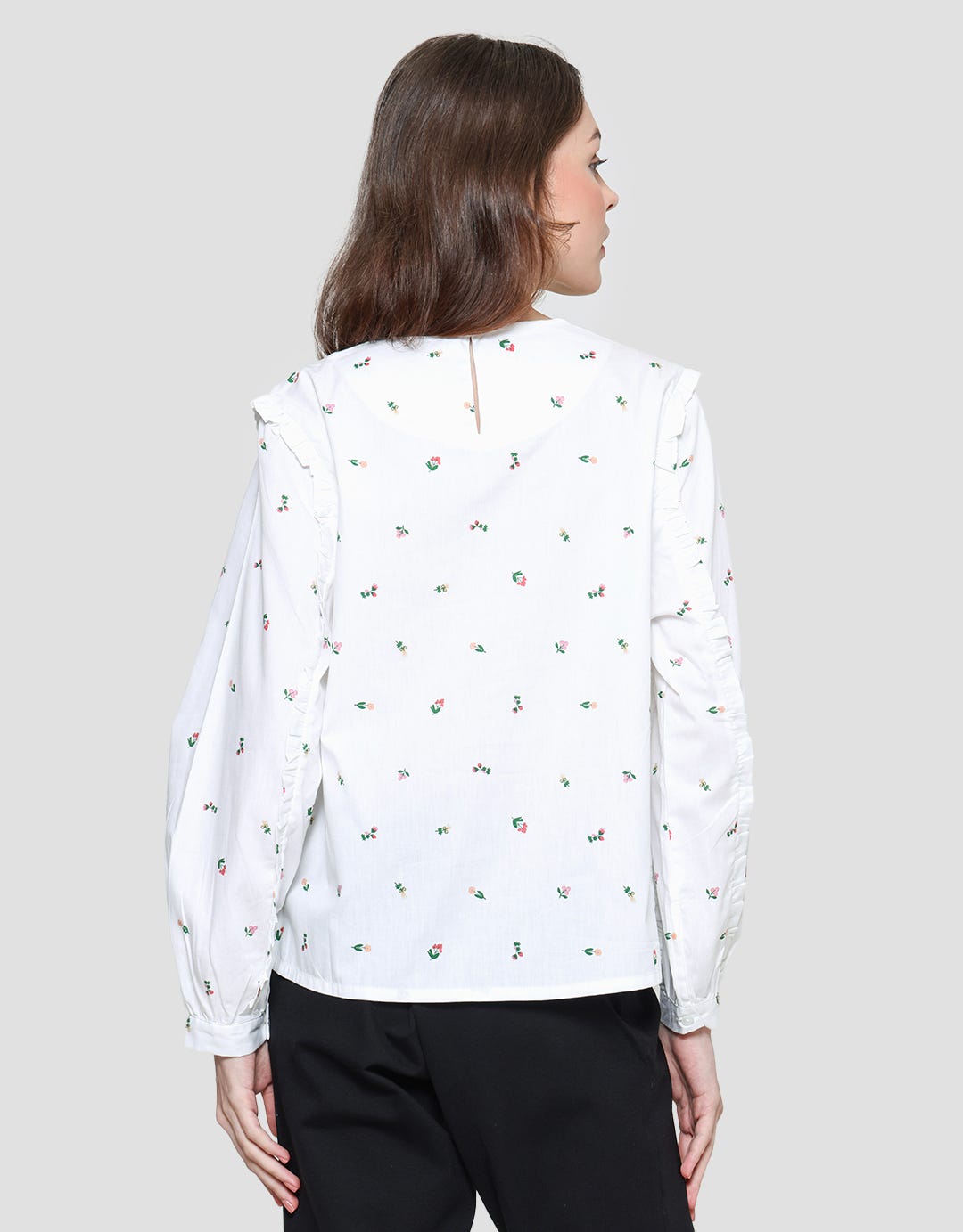 Details Blouse Ruffle Wanita Print Bunga