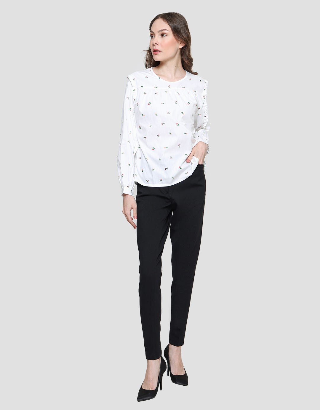 Details Blouse Ruffle Wanita Print Bunga