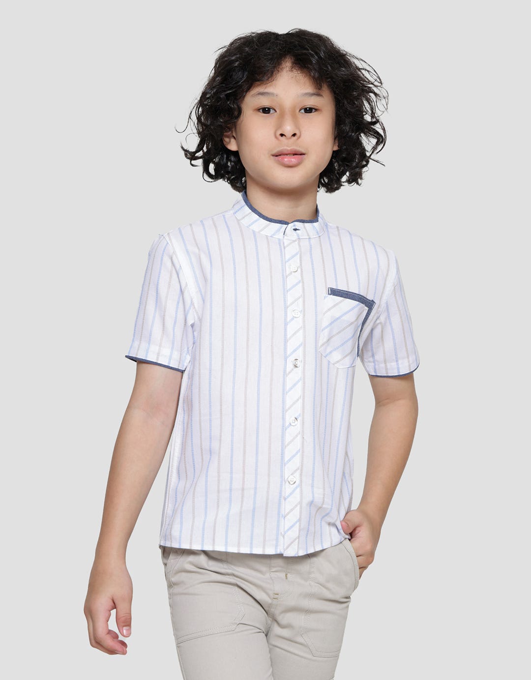 Little M Casual Stripes Koko Lengan Pendek Anak Laki-Laki
