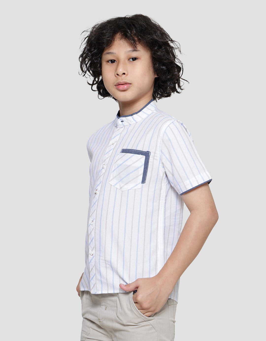 Little M Casual Stripes Koko Lengan Pendek Anak Laki-Laki