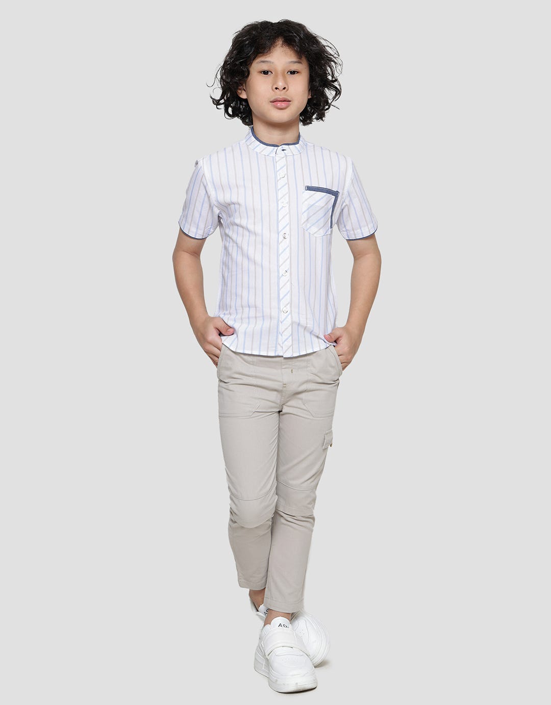 Little M Casual Stripes Koko Lengan Pendek Anak Laki-Laki