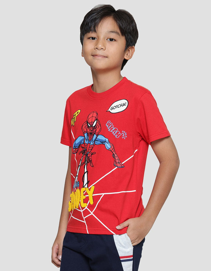 Marvel Spiderman Thwip Squatting Web Chennile Boys Short Sleeve T-shirt