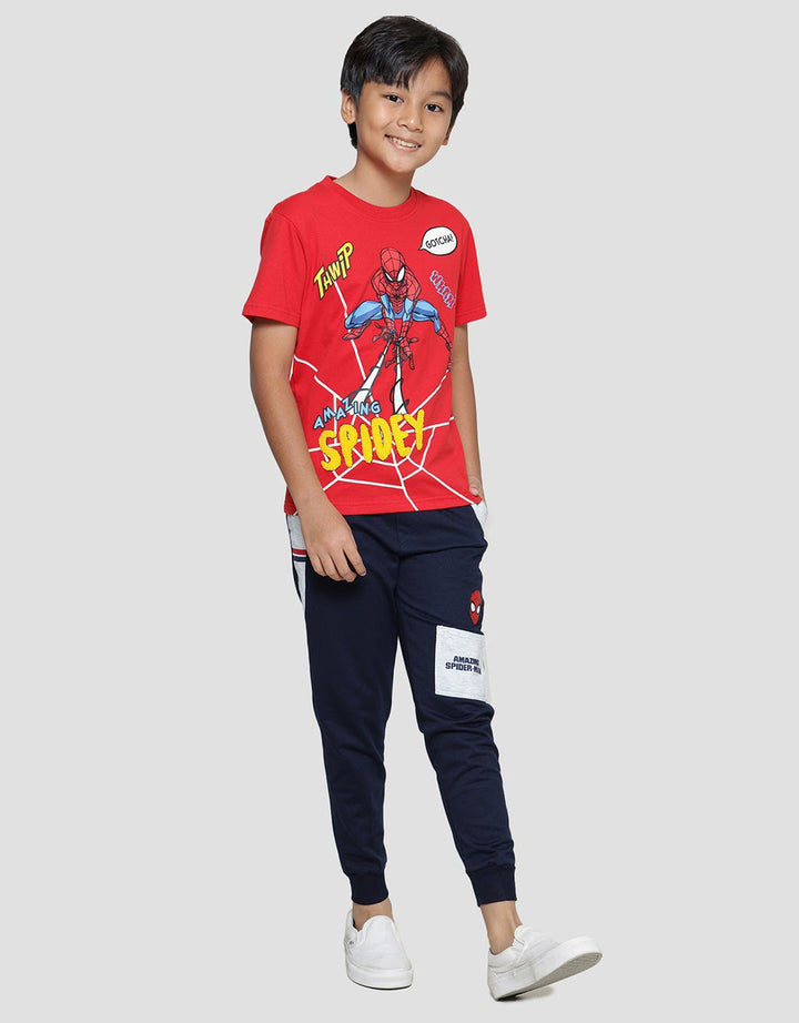 Marvel Spiderman Thwip Squatting Web Chennile Boys Short Sleeve T-shirt
