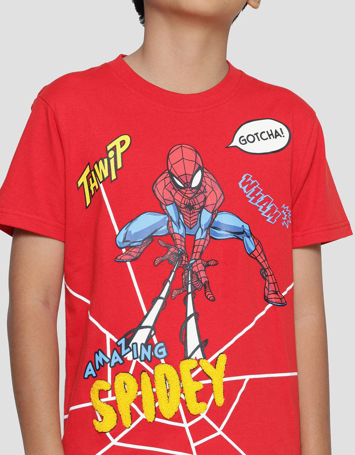 Marvel Spiderman Thwip Squatting Web Chennile Boys Short Sleeve T-shirt