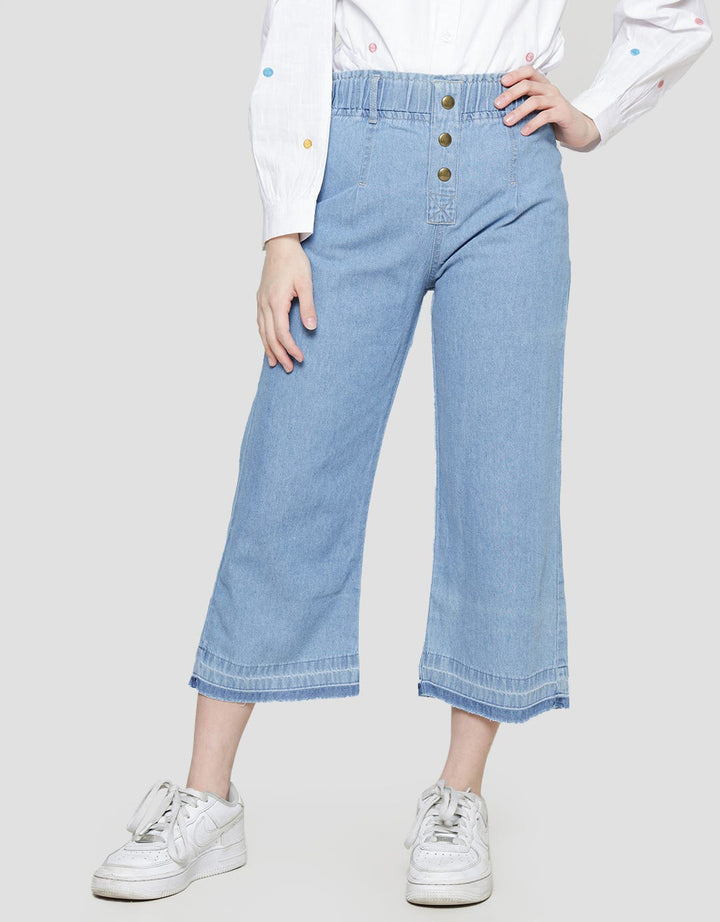 Aero Denim Waist Paperbag Button Long Pants for Girls
