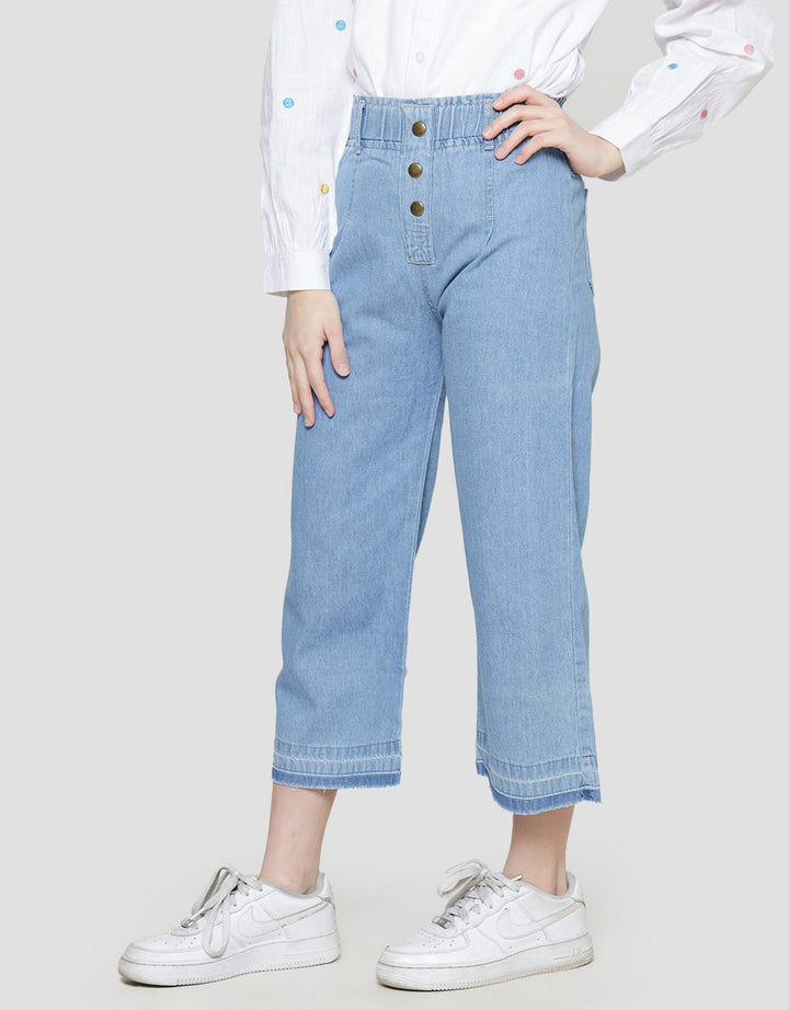 Aero Denim Waist Paperbag Button Long Pants for Girls