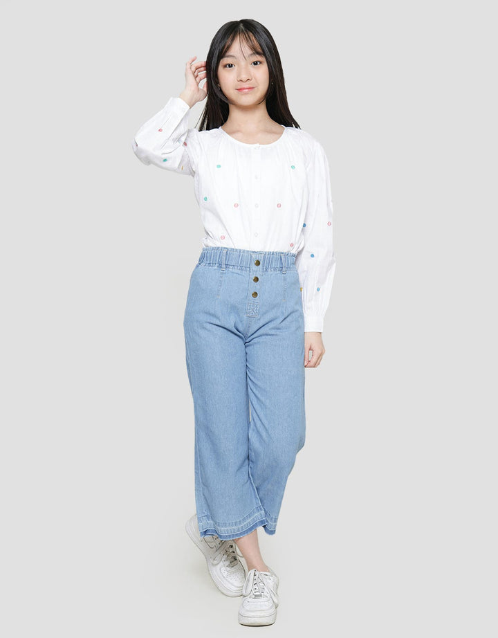 Aero Denim Waist Paperbag Button Long Pants for Girls