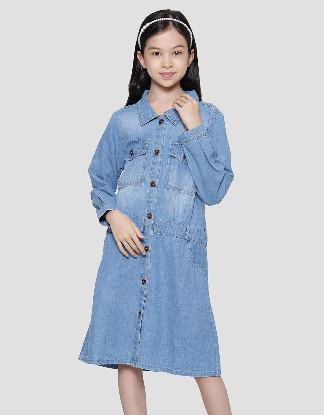 Aero Krah Kantong Dada Midi Dress Denim Anak Perempuan