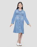 Aero Krah Kantong Dada Midi Dress Denim Anak Perempuan