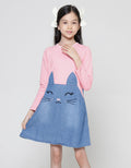 Aero Denim Bordir Cat Kuping Midi Dress Lengan Panjang Anak Perempuan