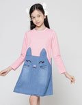 Aero Denim Bordir Cat Kuping Midi Dress Lengan Panjang Anak Perempuan