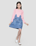 Aero Denim Bordir Cat Kuping Midi Dress Lengan Panjang Anak Perempuan
