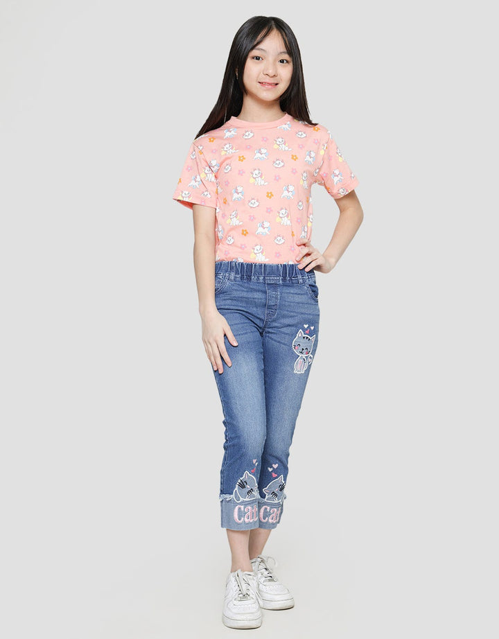 Aero Embroidery Cat Bottom Fold In Denim Girls