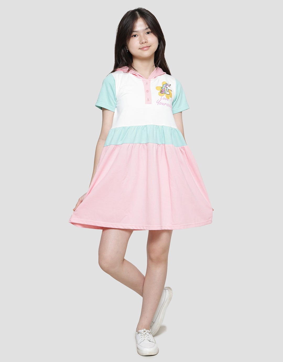 Aero Hoody Henley Unicorn Bunga Midi Dress Anak Perempuan