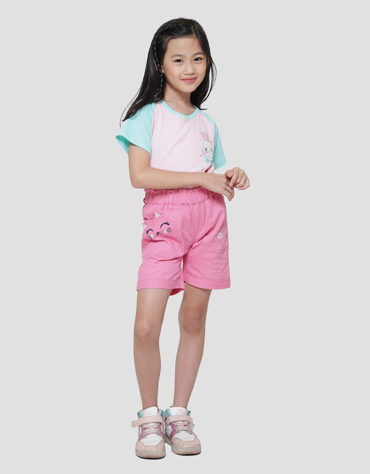 Little M Twill Paperbag Kantong Bordir Kucing Celana Pendek Anak Perempuan
