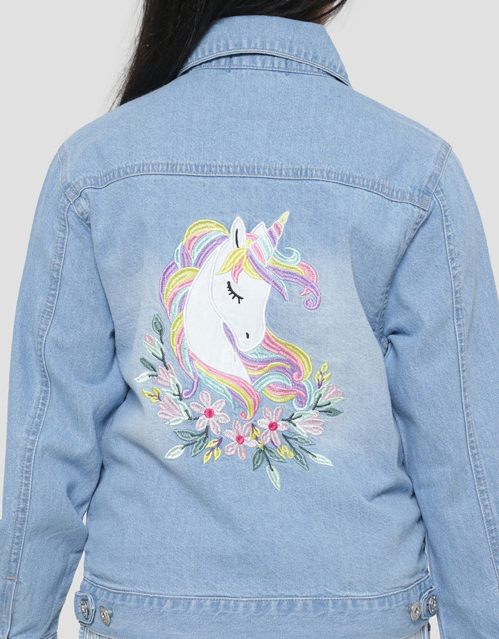 Aero Geber Chest Unicorn Embroidery Denim Jacket for Girls