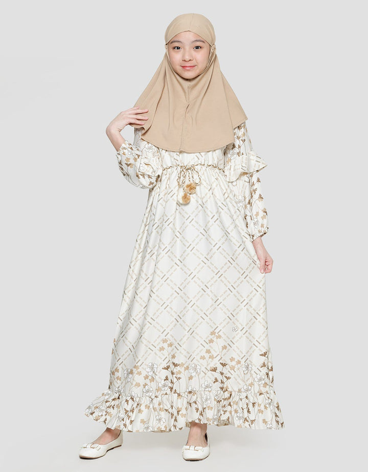 Sweet Miss Satin Print With Belt Pom Hijab Maxi Dress Anak Perempuan