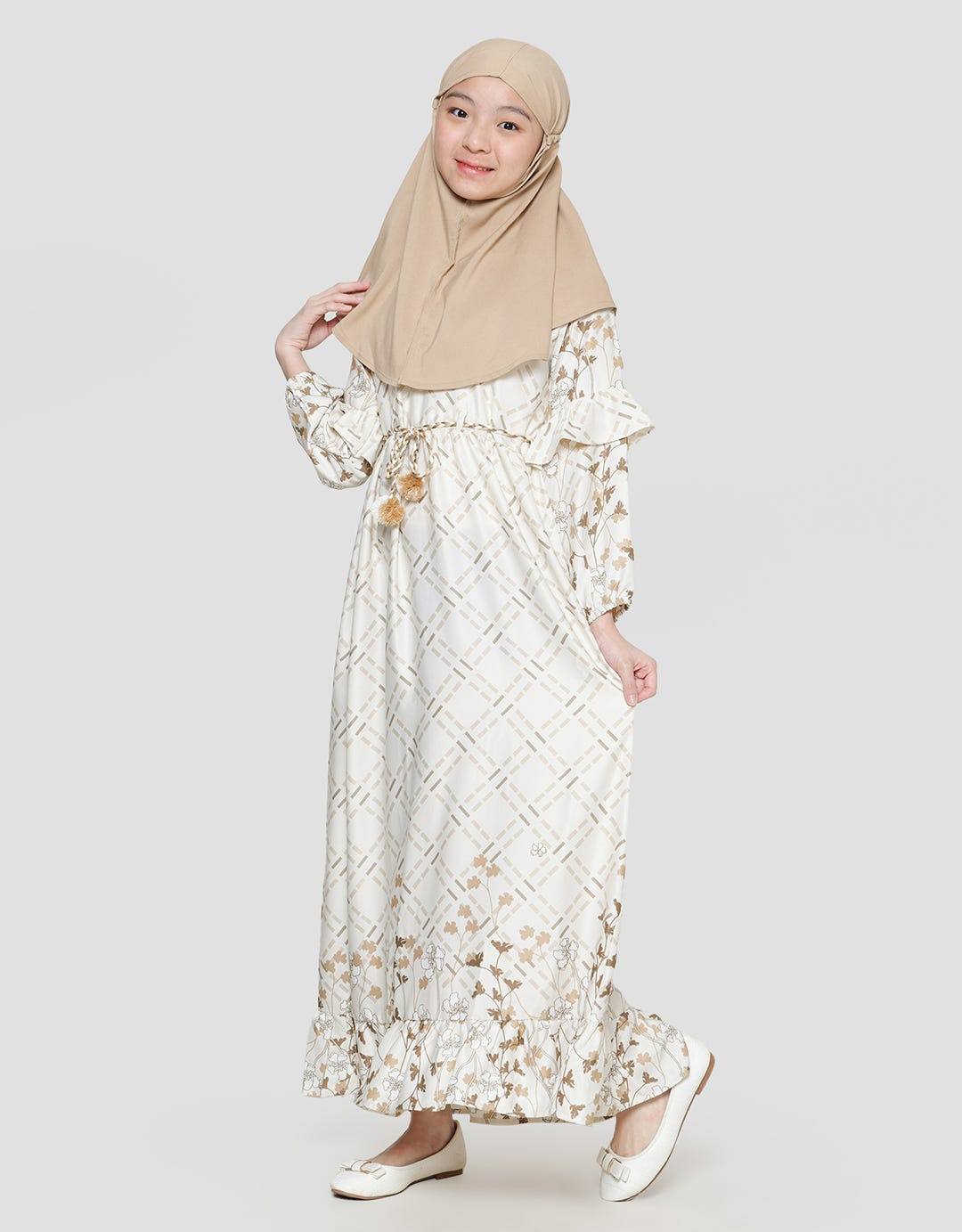 Sweet Miss Satin Print With Belt Pom Hijab Maxi Dress Anak Perempuan