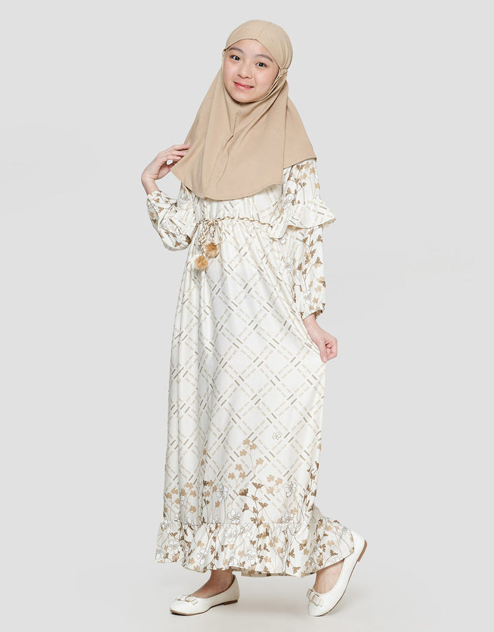 Sweet Miss Satin Print With Belt Pom Hijab Maxi Dress Anak Perempuan