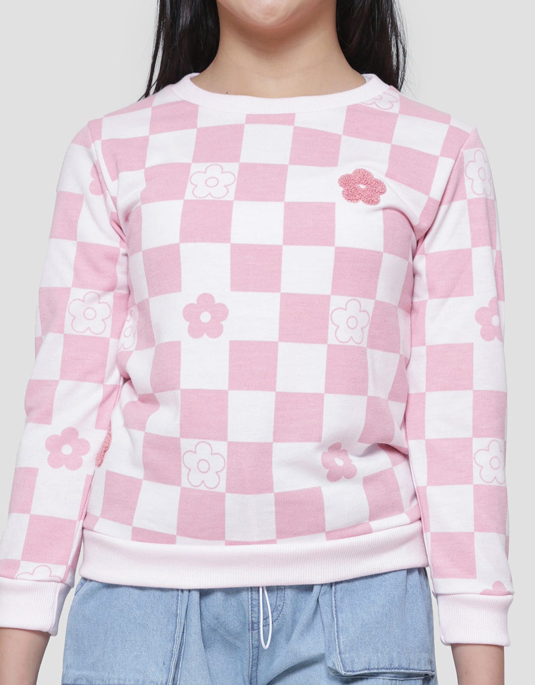 Aero Aplikasi Chenile Bunga Kotak Sweater Anak Perempuan