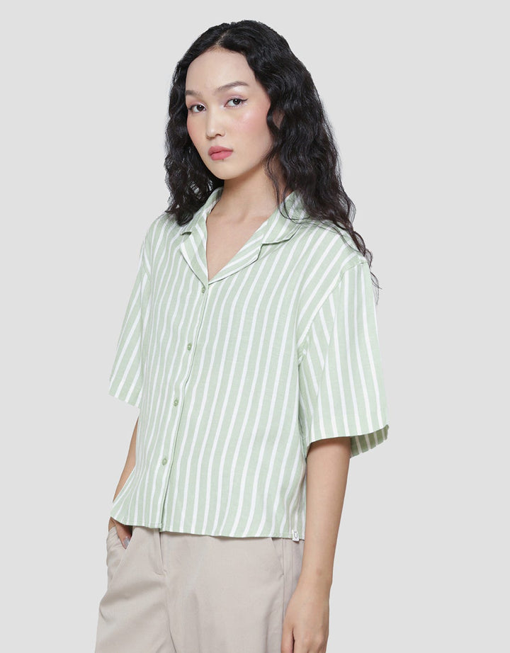 Suko Striped Rayon Linen Kerah Terbuka Kemeja Lengan Pendek Wanita