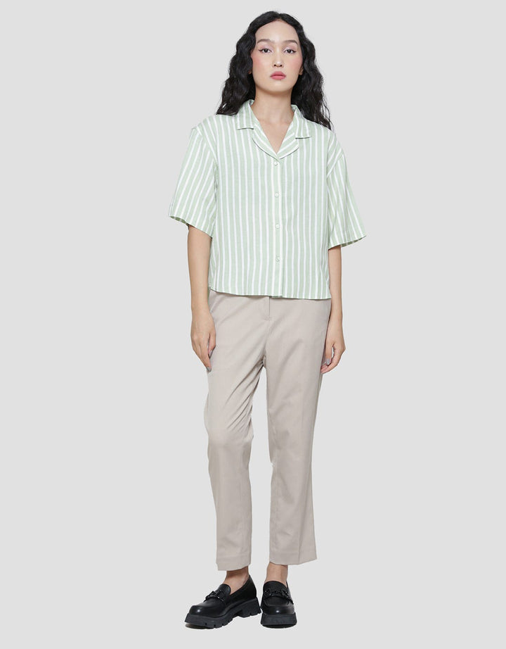 Suko Striped Rayon Linen Kerah Terbuka Kemeja Lengan Pendek Wanita