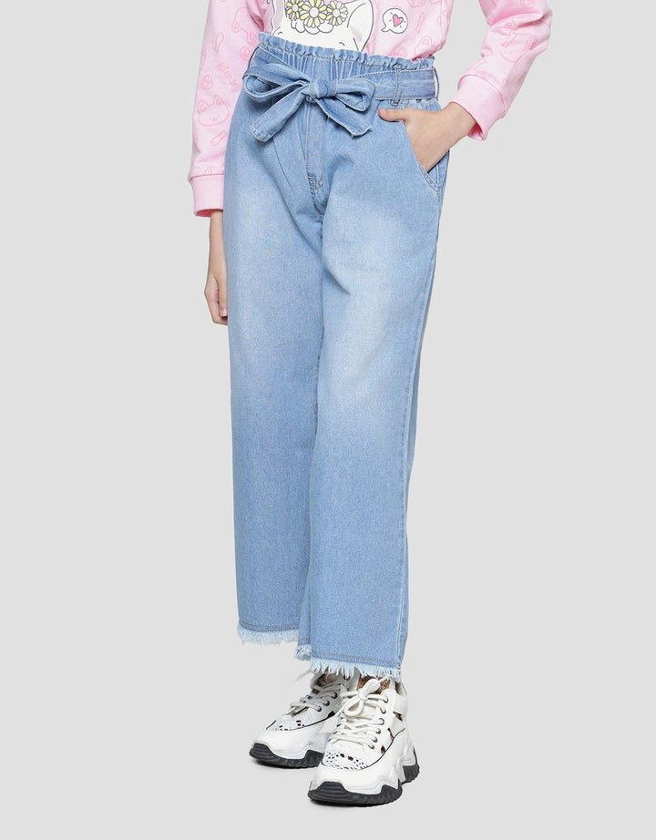 Nevada Wideleg Washed With Ribbon Waistband Cargo Denim Girls