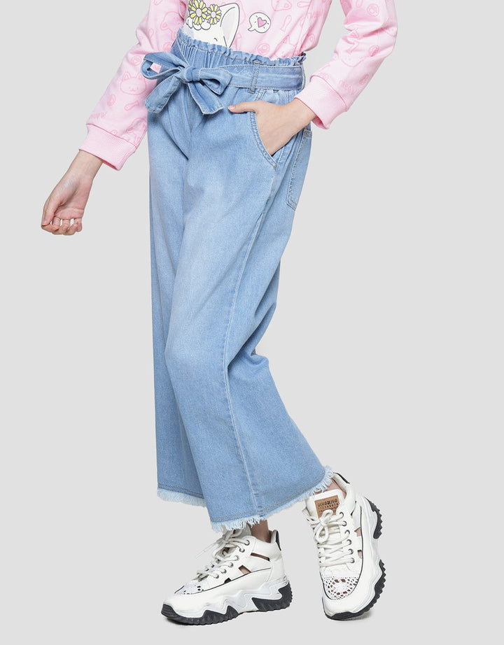 Nevada Wideleg Washed With Ribbon Waistband Cargo Denim Girls