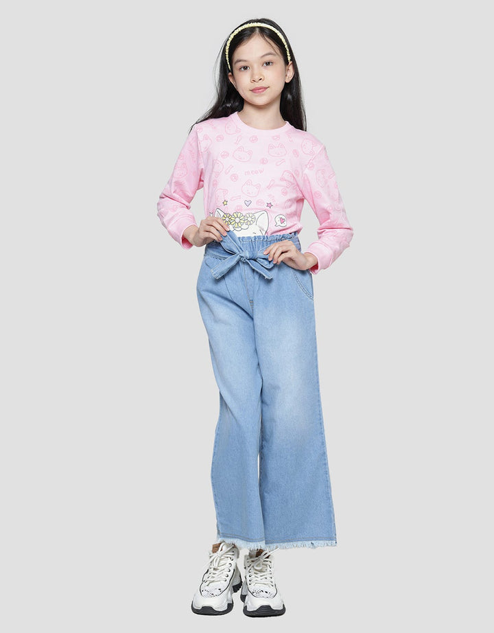 Nevada Wideleg Washed With Ribbon Waistband Cargo Denim Girls