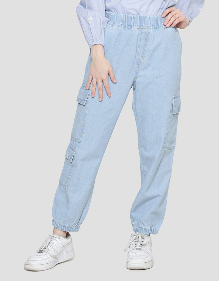 Nevada Celana Jogger Denim Cargo Light Washed Anak Perempuan