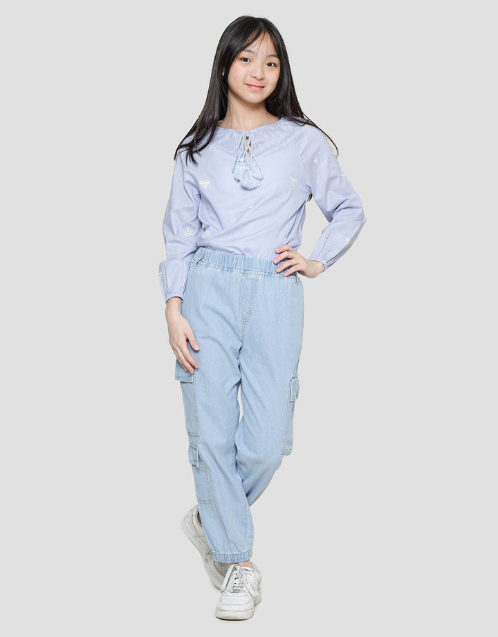 Nevada Celana Jogger Denim Cargo Light Washed Anak Perempuan