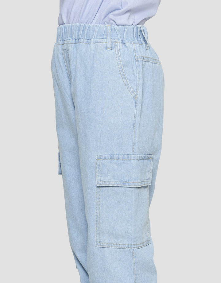 Nevada Celana Jogger Denim Cargo Light Washed Anak Perempuan