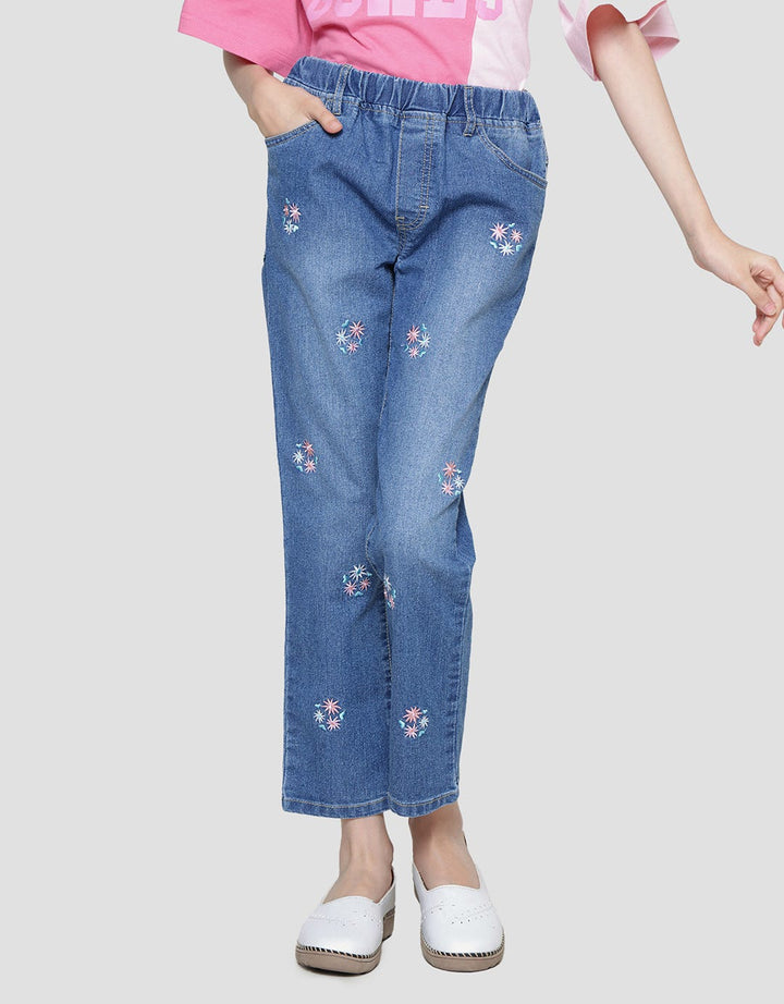 Nevada Embro Flower Stretch Celana Denim Anak Perempuan