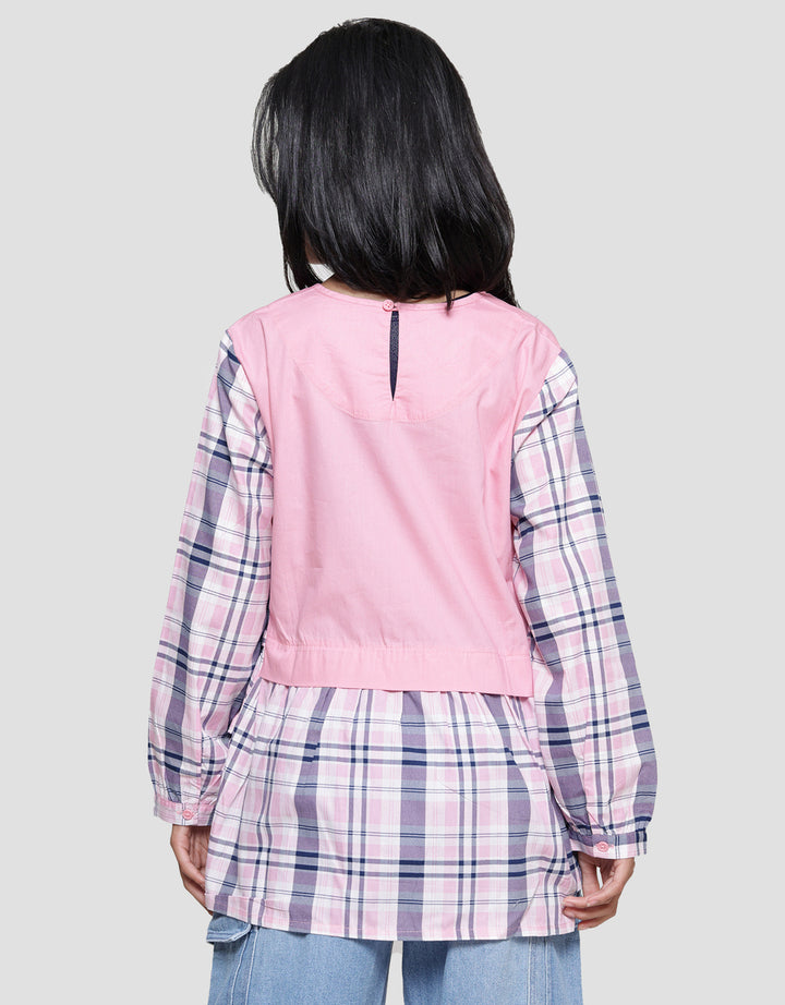 Nevada Checkered Print Combination Kemeja Lengan Panjang Anak Perempuan