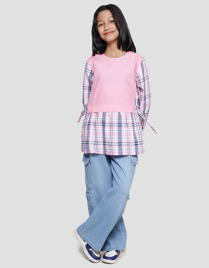 Nevada Checkered Print Combination Kemeja Lengan Panjang Anak Perempuan