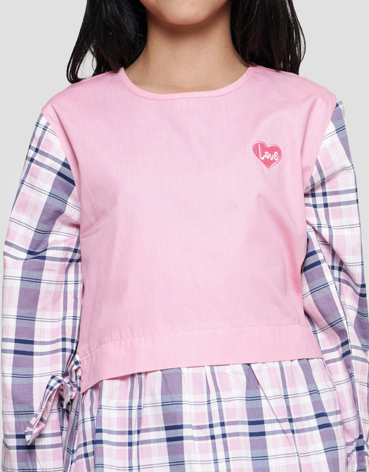 Nevada Checkered Print Combination Kemeja Lengan Panjang Anak Perempuan