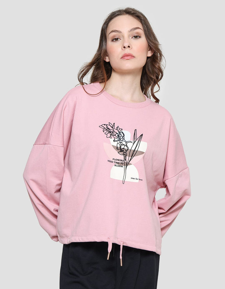 Details Flower And Cup Print Sweater Wanita