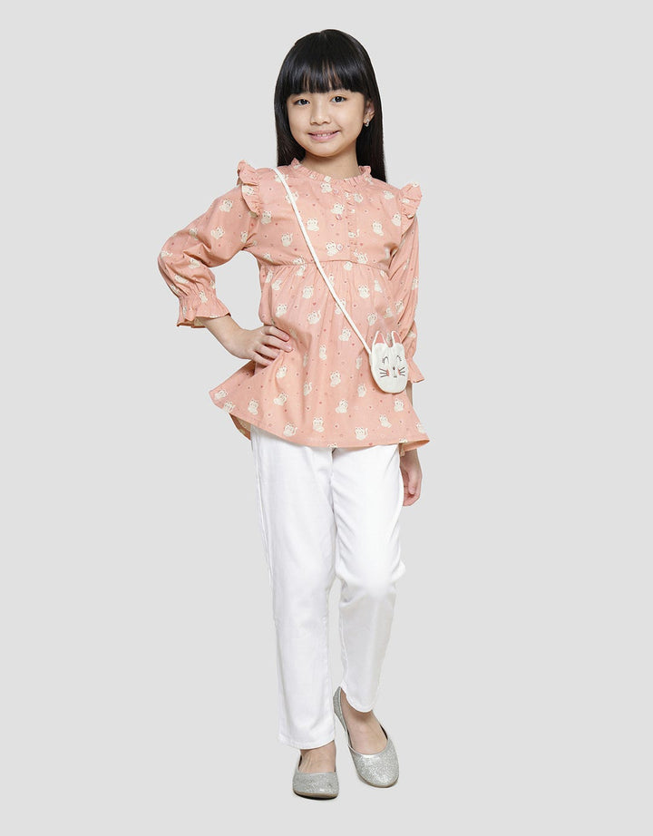 Little M Full Print Tas Kucing Kemeja Lengan Panjang Anak Perempuan