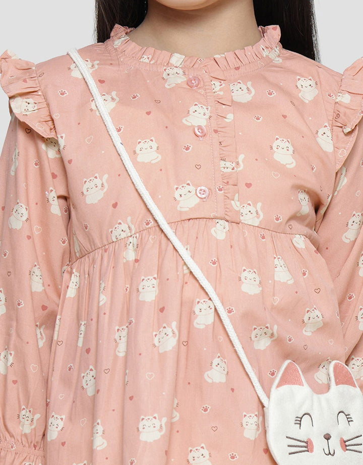 Little M Full Print Tas Kucing Kemeja Lengan Panjang Anak Perempuan
