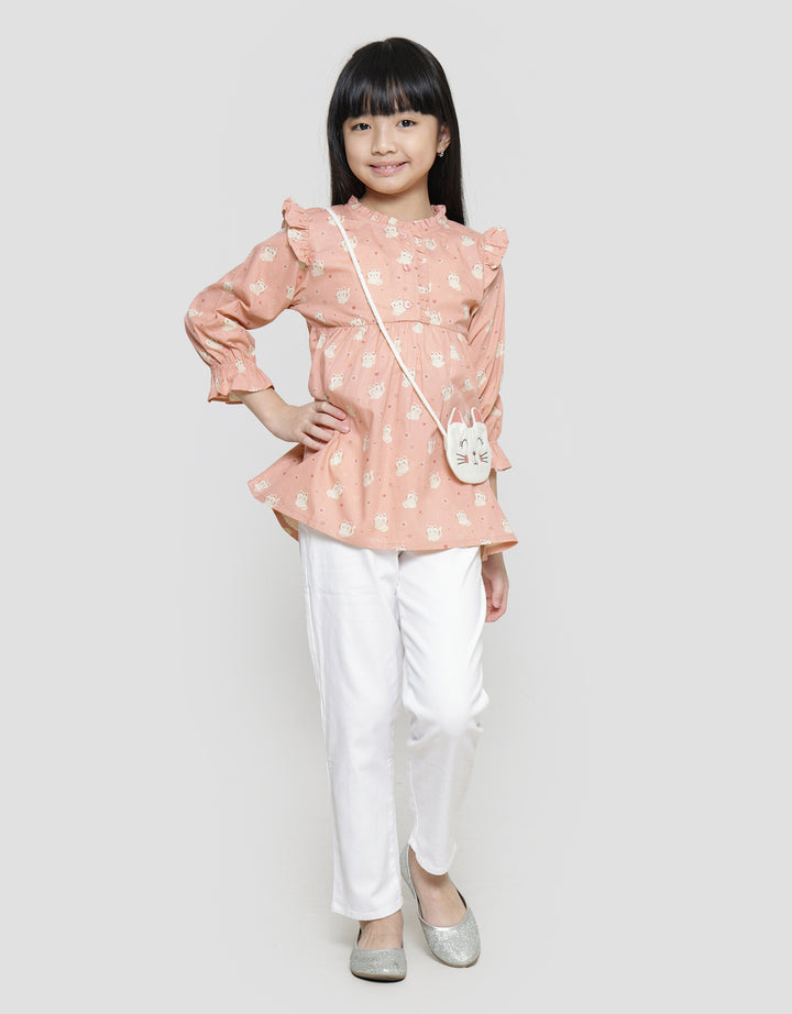 Little M Full Print Tas Kucing Kemeja Lengan Panjang Anak Perempuan