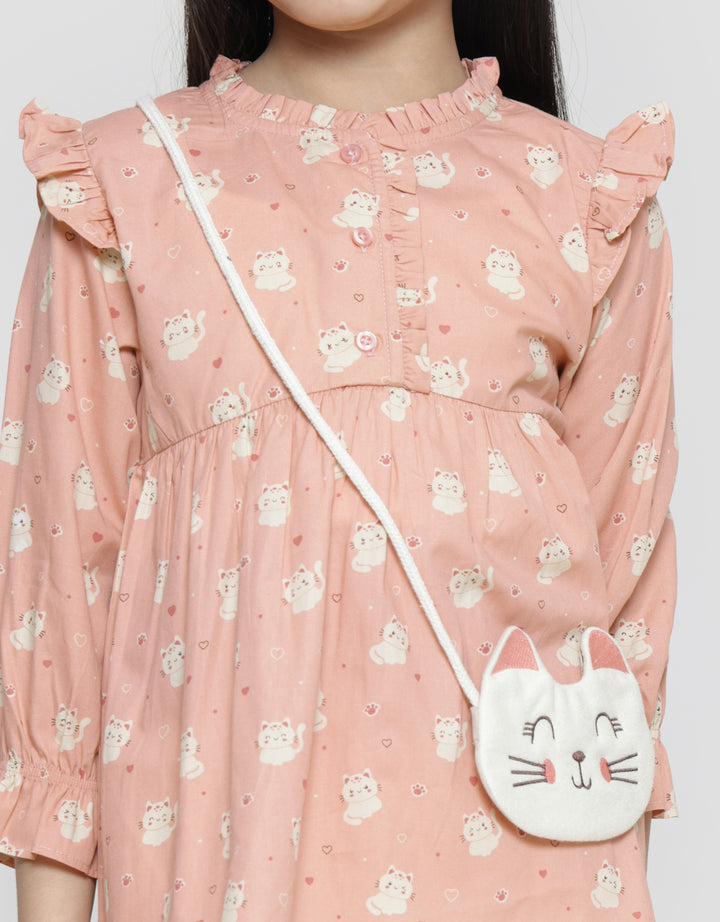Little M Full Print Tas Kucing Kemeja Lengan Panjang Anak Perempuan