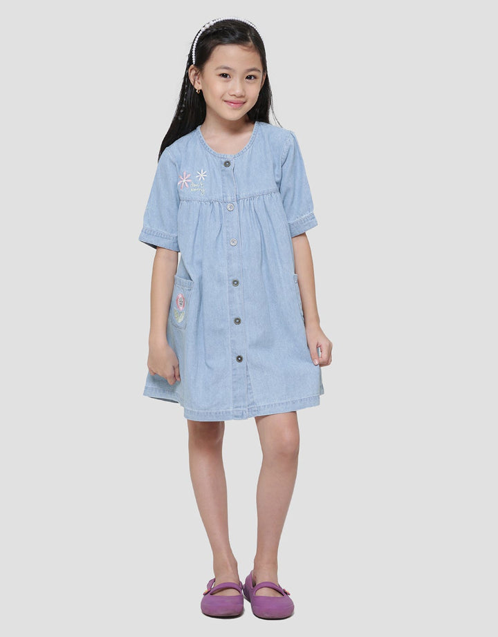 Little M Puff Sleeve Embroidery Bee Midi Dress Denim Girls