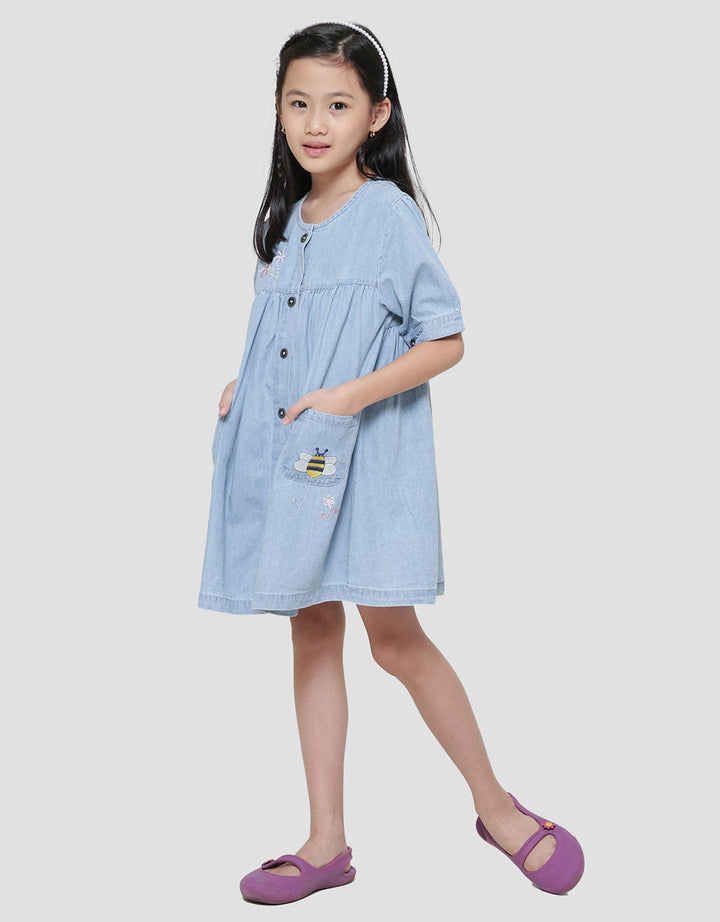 Little M Puff Sleeve Embroidery Bee Midi Dress Denim Girls