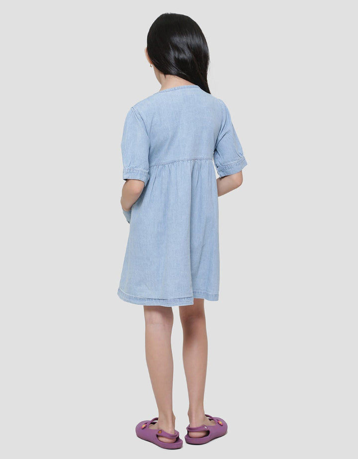 Little M Puff Sleeve Embroidery Bee Midi Dress Denim Girls