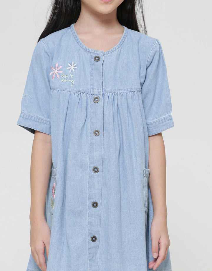 Little M Puff Sleeve Embroidery Bee Midi Dress Denim Girls