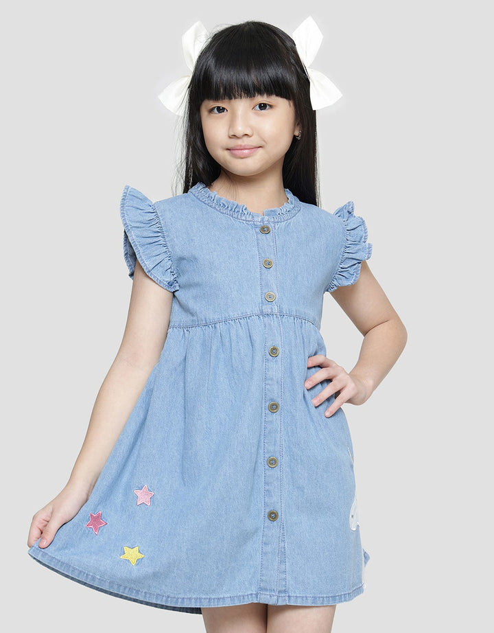 Little M Lengan Ruffle Bordir Unicorn Midi Dress Lengan Pendek Anak Perempuan
